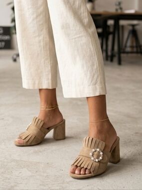 G&G Faux Suede Fringe Mules with Pearl Buckle Size 37